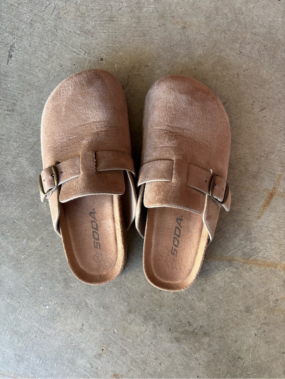 Soda Suede Buckle Slide Mules in Brown